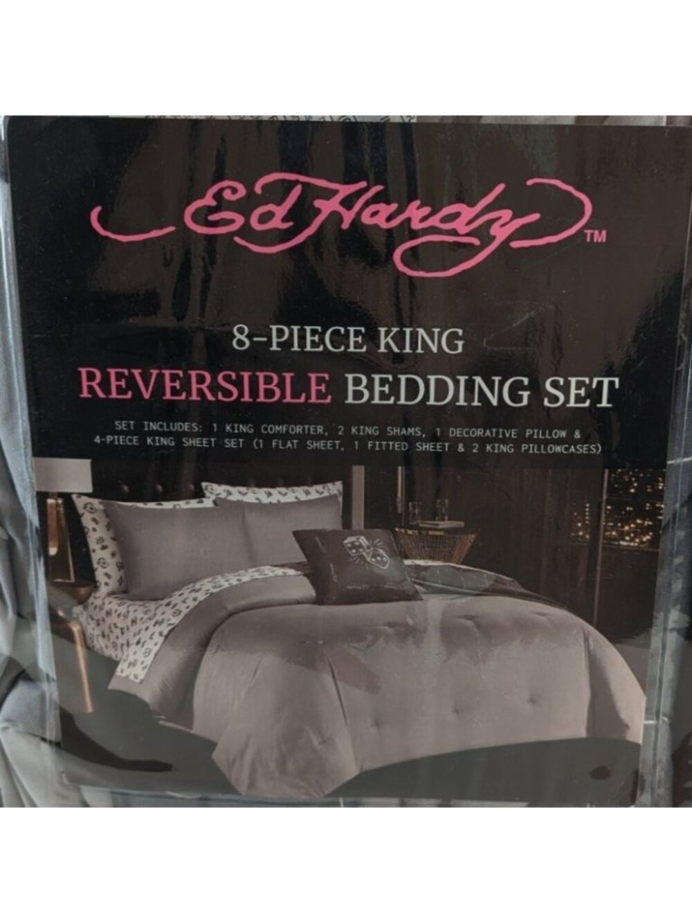 Ed Hardy King Comforter Set w Shams Pillow Sheets - Gray White Cards Dice Skull